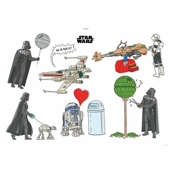 Komar Star Wars Wandtattoo Star Wars Treatment - Grau, Schwarz, Weiß, 70 x 100 cm, 9 -tlg. - Cartoon-Darstellung verschiedener Star Wars Charaktere und Fahrzeuge in Alltagssituationen, inklusive Darth Vader, X-Wing und mehr.