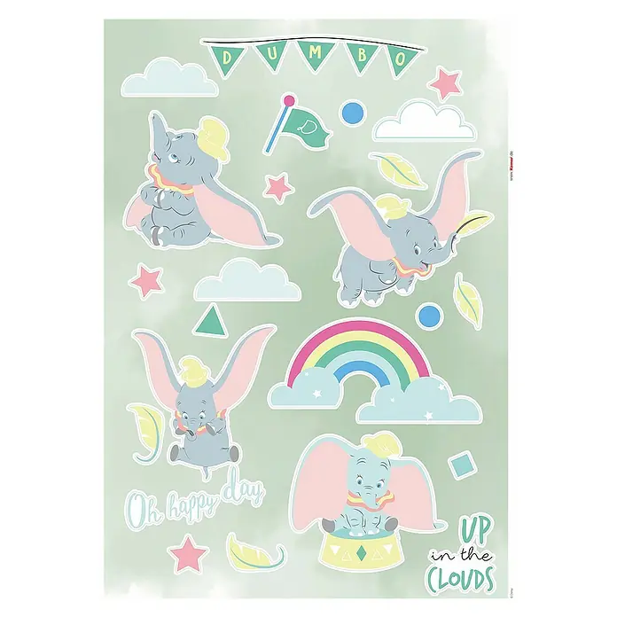 Komar Wandtattoo Disney Dumbo Daydream - Bunt, 50 x 70 cm, 26 -tlg. - Ein Blatt mit verschiedenen Dumbo-Wandstickern, inklusive fliegender Dumbo-Figuren, Wolken, Sternen und einem Regenbogen, ideal zur Dekoration von Kinderzimmern.