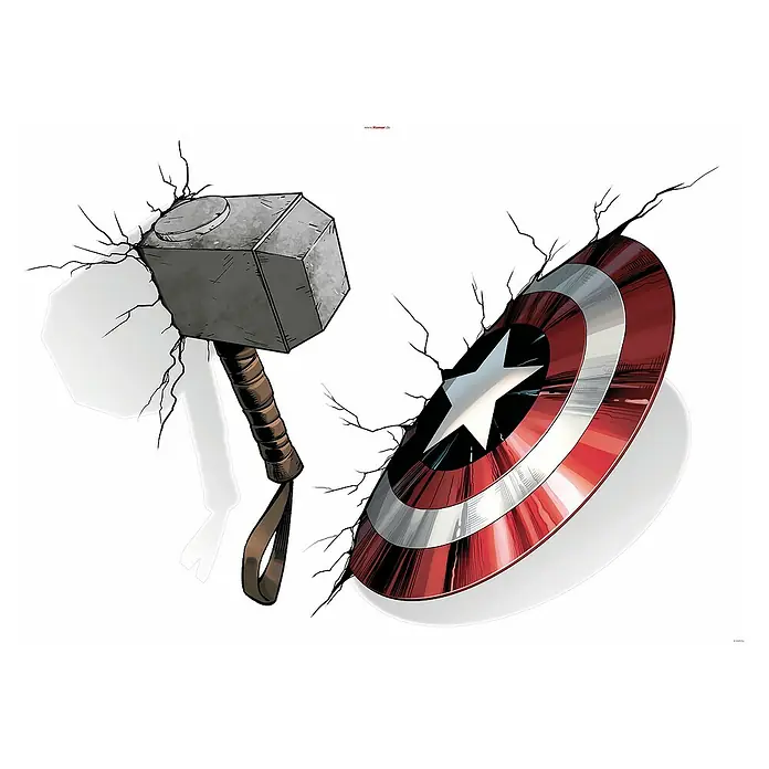 Komar Marvel Wandtattoo Avengers Hammer - Bunt, 70 x 100 cm, 4 -tlg. - Das Bild zeigt Thors Hammer Mjölnir und Captain Americas Schild, die aus einer Wand brechen, ein starkes Bild der Marvel-Superhelden.