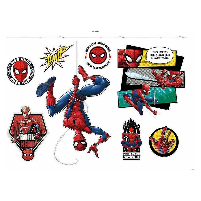 Komar Marvel Wandtattoo Spider-Man Web Head - Bunt, 70 x 100 cm, 8 -tlg. - Spiderman Wandaufkleber Set. Dekorieren Sie Ihr Zimmer mit Ihren Lieblingshelden mit diesem einfach anzubringenden Wandaufkleber Set.