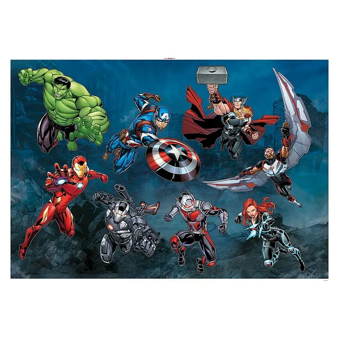 Komar Marvel Wandtattoo Avengers Action - Bunt, 70 x 100 cm, 8 -tlg. - Dynamisches Avengers-Poster mit Hulk, Iron Man, Captain America, Thor, Falcon, War Machine, Ant-Man & Black Widow in Action.