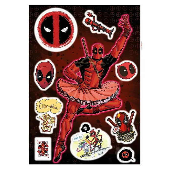 Komar Marvel Wandtattoo Deadpool Derppool - Schwarz, Rot, 50 x 70 cm, 10 -tlg. - Deadpool Stickerbogen mit verschiedenen Motiven von Deadpool als Ballerina und anderen witzigen Darstellungen.
