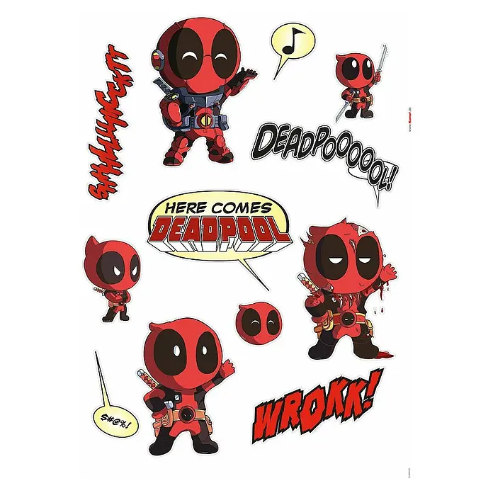 Komar Marvel Wandtattoo Deadpool Cute - Bunt, 50 x 70 cm, 12 -tlg. - Deadpool Aufkleber-Set mit Comicfiguren und Textblasen für Fans des Marvel-Helden, ideal für Dekorationen und Sammler.