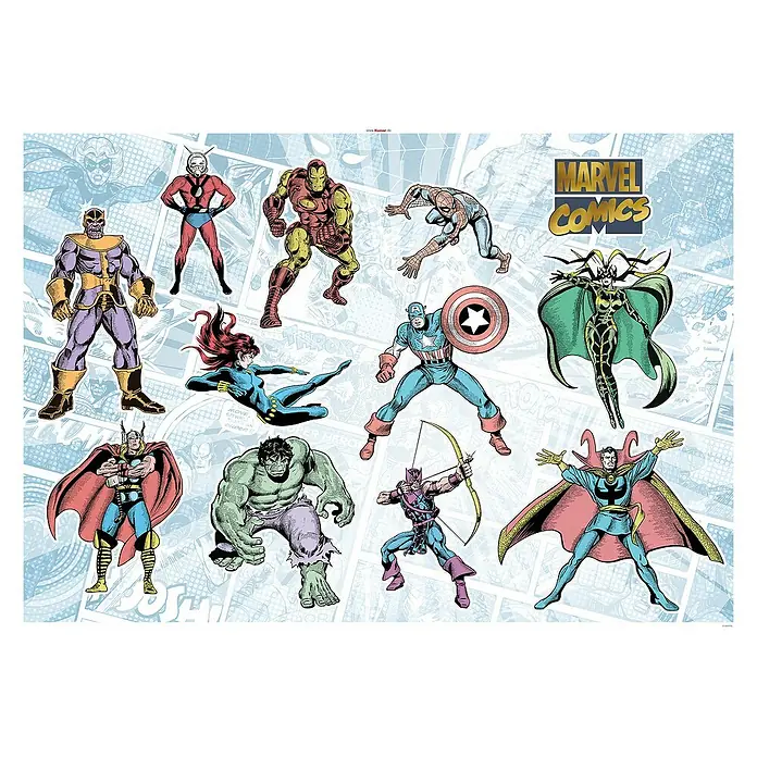 Komar Marvel Wandtattoo Comics Collection70 x 100 cm - Marvel Comics-Poster mit den beliebtesten Superhelden wie Spider-Man, Hulk, Thor und Captain America auf blauem Comic-Hintergrund.