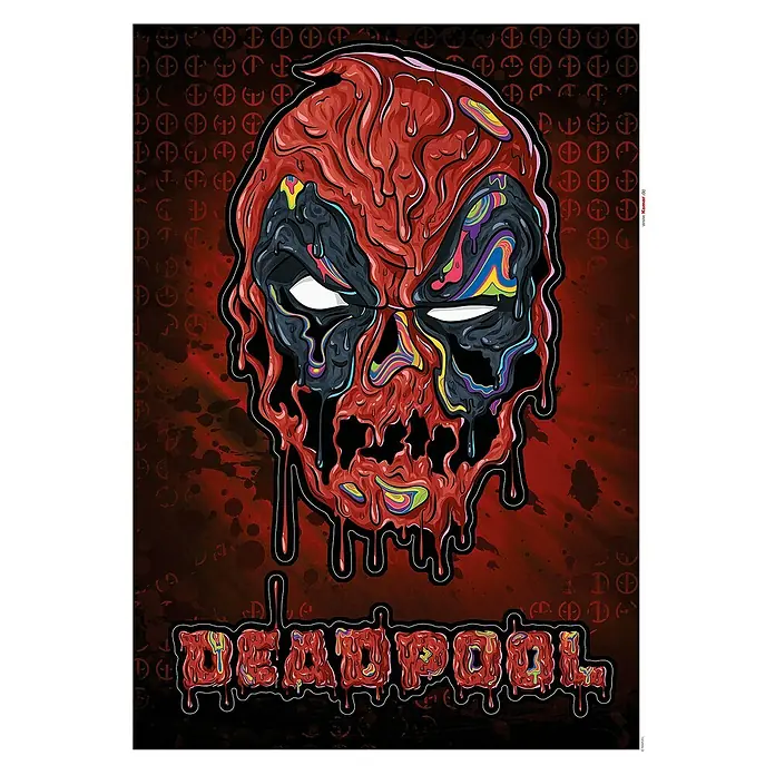 Komar Marvel Wandtattoo Deadpool Meltpool - Bunt, 50 x 70 cm, 2 -tlg. - Deadpool-Poster: Ein stilisiertes, blutiges Schädeldesign mit dem Schriftzug "Deadpool" darunter, ideal für Comic- und Superhelden-Fans.