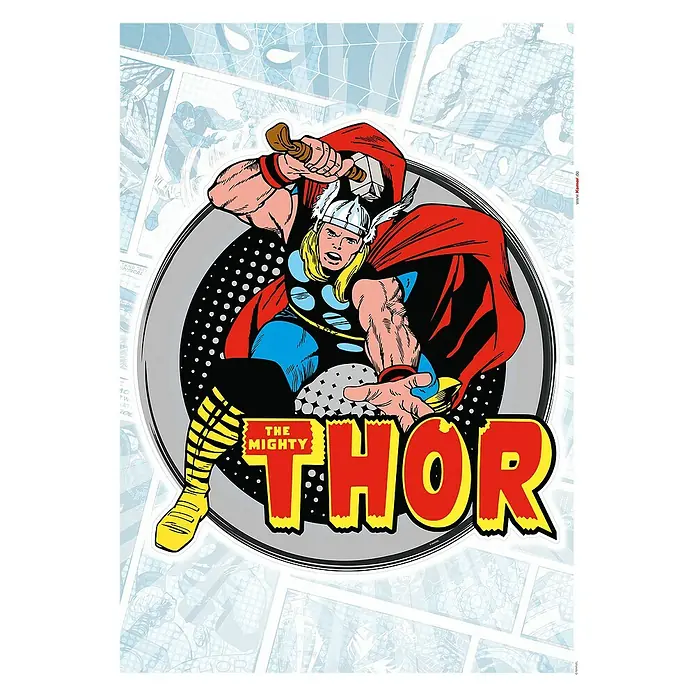 Komar Marvel Wandtattoo Thor Comic Classic - Bunt, 50 x 70 cm, 1 -tlg. - Das Poster zeigt Thor, den mächtigen Marvel Comic Helden, mit seinem Hammer Mjölnir und dem Schriftzug "The Mighty Thor".