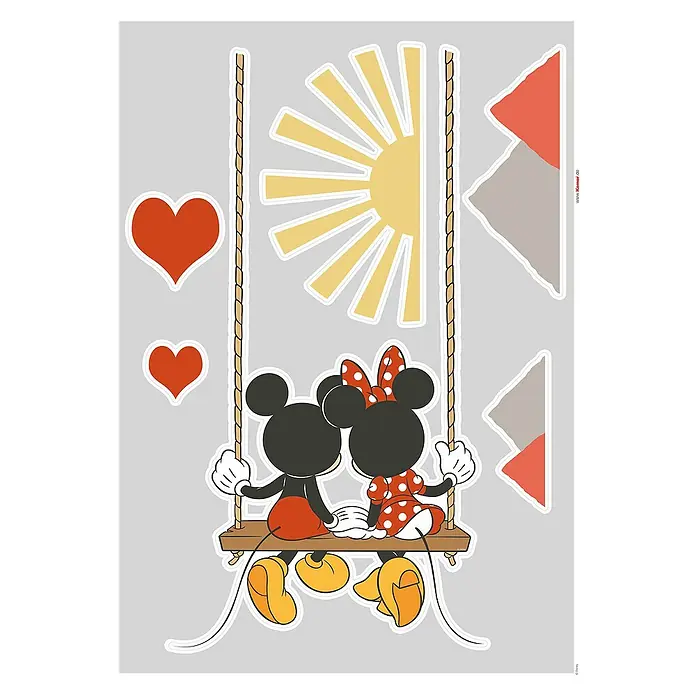 Komar Wandtattoo Mickey Mouse Swing - Bunt, 50 x 70 cm, 7 -tlg. - Romantisches Wandtattoo mit Micky und Minnie Maus auf einer Schaukel unter einer strahlenden Sonne, ideal für Kinderzimmer.