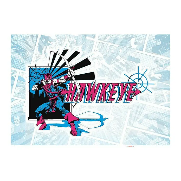 Komar Marvel Wandtattoo Hawkeye Comic Classic - Bunt, 50 x 70 cm, 1 -tlg. - Hawkeye Poster mit dem Marvel Superhelden in Aktion, der seinen Bogen spannt, vor einem Comic-Hintergrund.