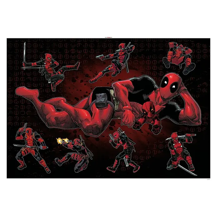 Komar Marvel Wandtattoo Deadpool Posing70 x 100 cm - Auffälliges Deadpool-Poster mit dem Superhelden in verschiedenen Posen auf einem dunklen, gemusterten Hintergrund. Ein Muss für jeden Fan.