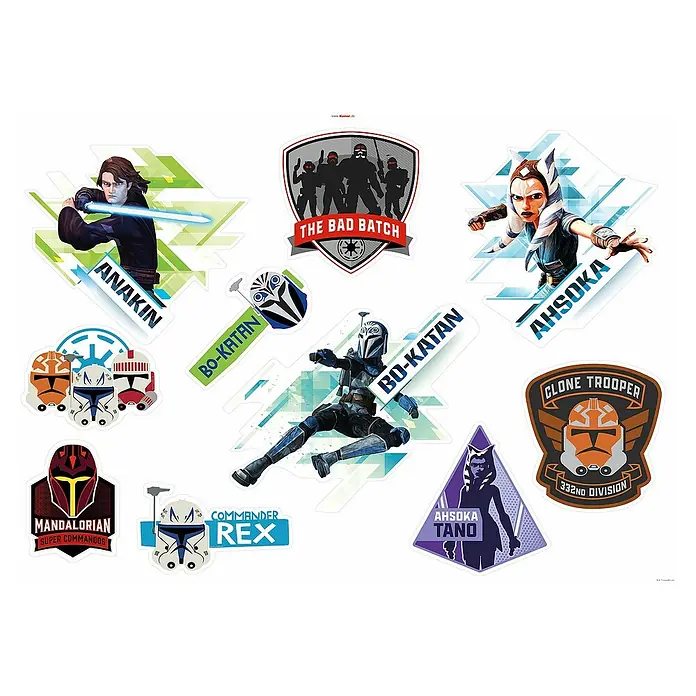 Komar Star Wars Wandtattoo Clone Wars Badges - Schwarz, Rot, 70 x 100 cm, 10 -tlg. - Ein Star Wars Wandtattoo mit Anakin Skywalker, Ahsoka Tano, Bo-Katan, Commander Rex und dem Bad Batch Logo.