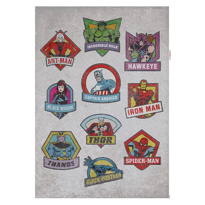Komar Marvel Wandtattoo Avengers Classic Badges - Bunt, 50 x 70 cm, 10 -tlg. - Aufkleberbogen mit Comic-Motiven von Marvel-Superhelden wie Spider-Man, Iron Man, Hulk, Black Panther, Thor und Captain America.