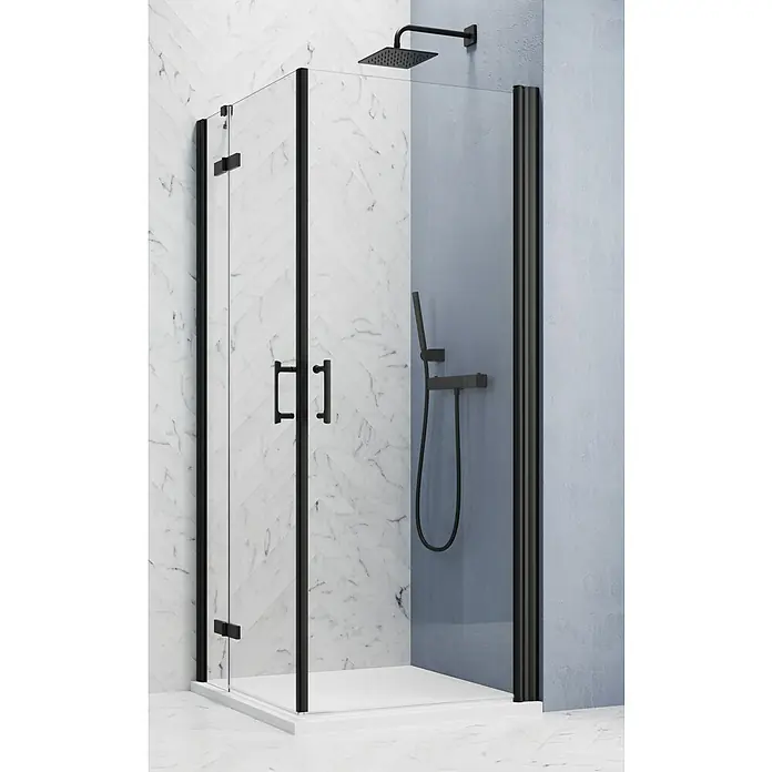 GEO Hit Pro Eckdusche B-PE310 - 80 x 90 x 202,2 cm, Beschichtet, Schwarz, Glasstärke: 6 mm - Moderne Duschkabine mit schwarzen Beschlägen und klarem Glas für ein stilvolles Badezimmerambiente.