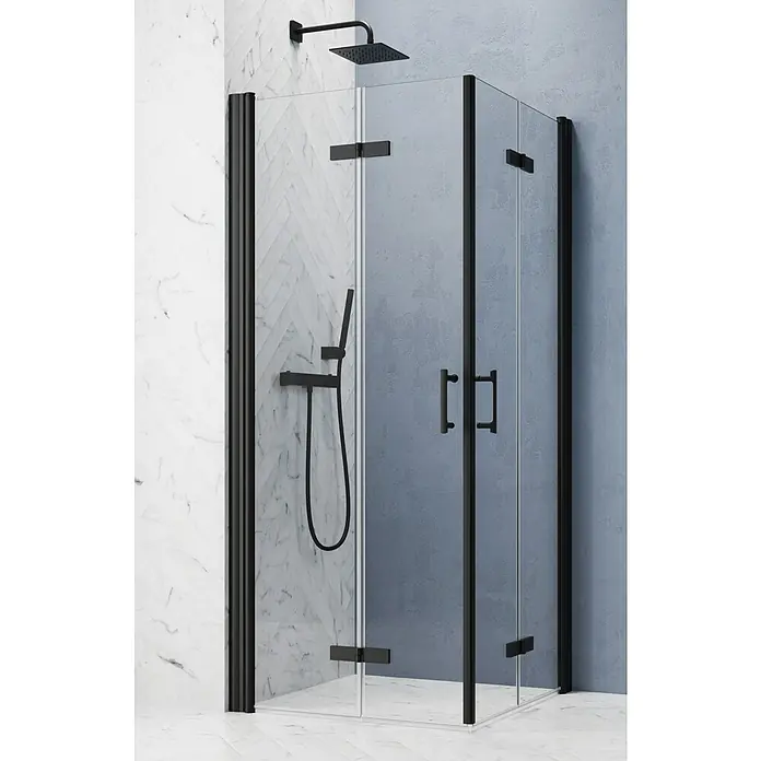 GEO Hit Pro Eckdusche B-PE400L x B x H: 90 x 90 x 202,2 cm, Beschichtet, Stärke: 6 mm, Schwarz - Moderne Duschkabine mit schwarzem Rahmen und Griffen. Das Design ist minimalistisch und passt gut in ein modernes Badezimmer.