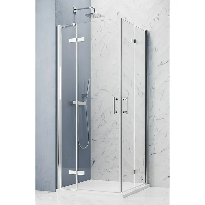 GEO Hit Pro Eckdusche B-PE340 - 100 x 80 x 202,2 cm, Beschichtet, Chrom, Glasstärke: 6 mm - Eine moderne Duschkabine mit klaren Glaswänden und Chrombeschlägen. Das Design ist minimalistisch und elegant.