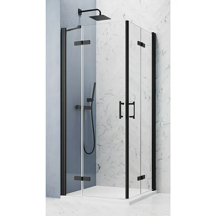 GEO Hit Pro Eckdusche B-PE340L x B x H: 80 x 90 x 202,2 cm, Beschichtet, Stärke: 6 mm, Schwarz - Schwarze Duschkabine mit klaren Glaswänden und modernen Beschlägen, die ein elegantes Badezimmerdesign hervorhebt.
