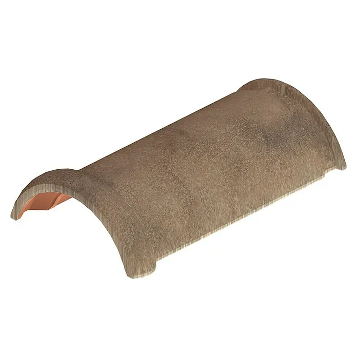 BHS Madrid Teja Caballete - L x An: 44 x 28,5 cm, Lamalou - Primer plano de una teja curva marrón que podría utilizarse en un tejado, con una textura lisa y bordes redondeados.