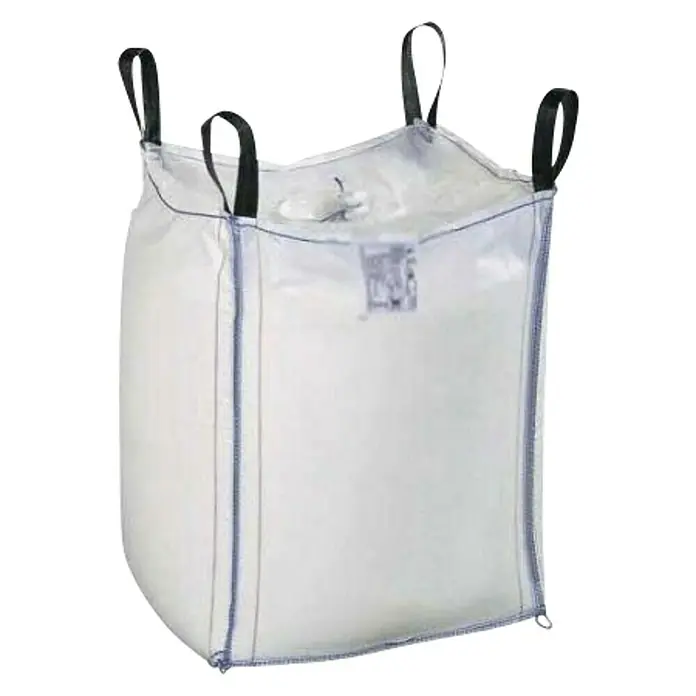BHS Madrid Big Bag para escombros Madrid centro - 80 x 80 x 90 cm, Peso máximo admitido: 1.000 kg - Primer plano de un big bag blanco con cuatro bucles, utilizado para materiales a granel en la industria y la agricultura.