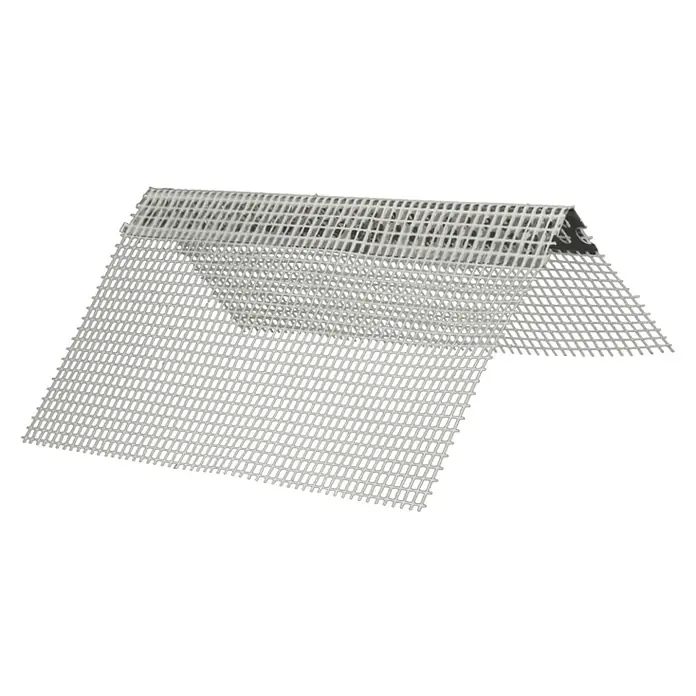 Odem Perfil angular con malla - L x An x Al: 2,5 m x 120 mm x 80 mm, Aluminio, Blanco - Primer plano de una malla protectora de esquina plegada, ideal para trabajos de paneles de yeso, que proporciona estabilidad y un borde limpio para las esquinas.