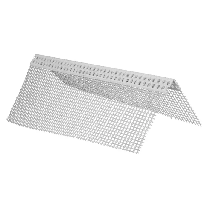 Odem Perfil angular con malla - L x An x Al: 2,5 m x 120 mm x 80 mm, Plástico, Blanco - Primer plano de un cantonera de malla blanca, que ofrece una esquina reforzada para aplicaciones de yeso o paneles de yeso. Ideal para protección duradera.