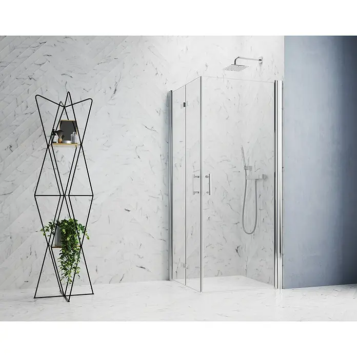 GEO Hit Pro Eckdusche B-PE410L x B x H: 80 x 90 x 202,2 cm, Beschichtet, Stärke: 6 mm, Chrom - Ein modernes Badezimmer mit einer eleganten Duschkabine mit klaren Glaswänden und Chromdetails, die den Raum aufwerten.
