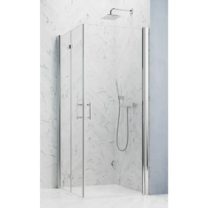 GEO Hit Pro Eckdusche B-PE410L x B x H: 80 x 90 x 202,2 cm, Beschichtet, Stärke: 6 mm, Chrom - Ein modernes, rahmenloses Duschgehäuse mit klaren Glaspaneelen und glänzenden Chrombeschlägen, die ein minimalistisches und elegantes Design zeigen.