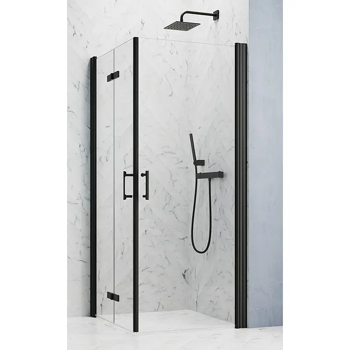 GEO Hit Pro Eckdusche B-PE410 - 90 x 90 x 202,2 cm, Beschichtet, Schwarz, Glasstärke: 6 mm - Elegante Duschkabine mit mattschwarzem Rahmen und Griffen, die ein modernes Badezimmerdesign ergänzt.