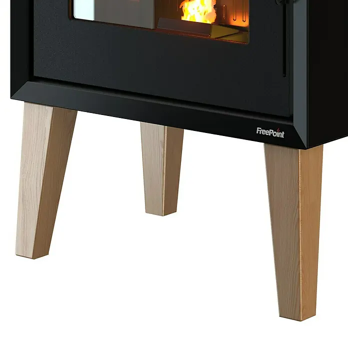 FreePoint Estufa de pellets Modo Airtight Wood con Wifi - 9,3 kW - 10,51 kW, Volumen de calefacción: 223 m³, 0,59 kg/h - 2,18 kg/h, Negro/Madera - Vista detallada de una estufa FreePoint con patas de madera que aporta calidez y estilo a tu hogar.