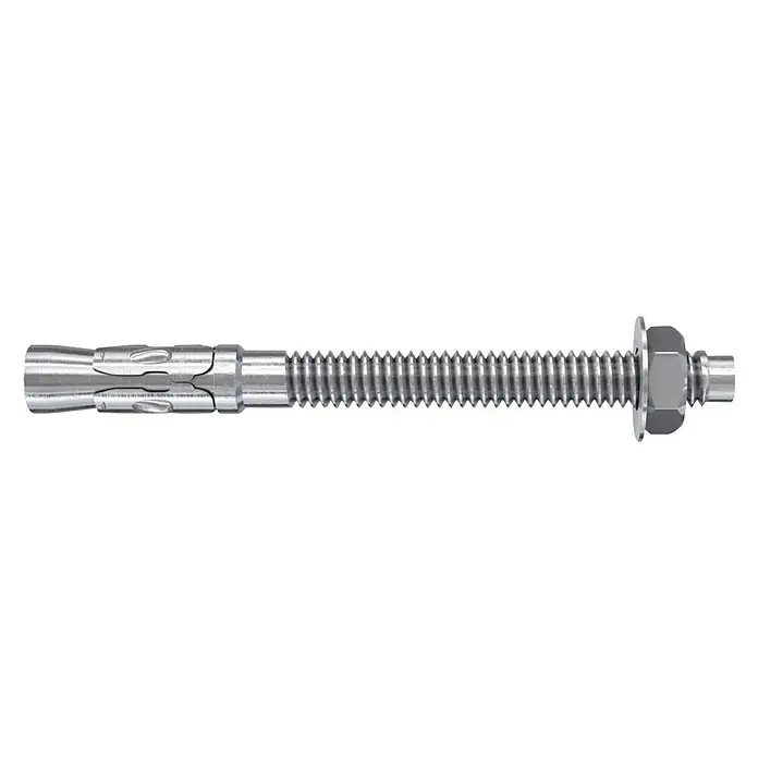 Fischer Perno de anclaje para cargas pesadas FWA - Ø x L: 10 x 95 mm, 4 ud. - Un anclaje de perno con roscas, arandela y tuerca hechas de metal color plata sobre un fondo negro.