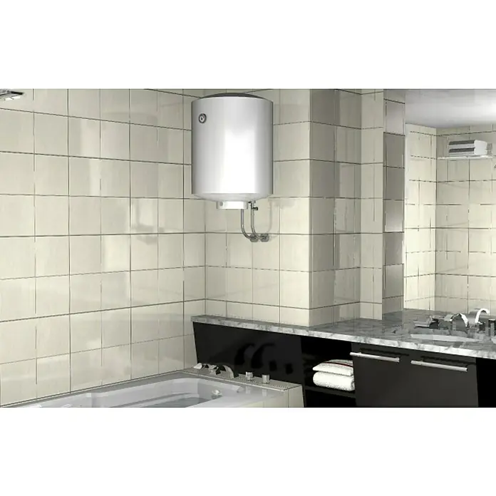 Fischer Set de tacos WL - Ø x L: 10 x 70 mm, 2 ud. - Un calentador de agua blanco está montado en la pared del baño. Perfecto para un diseño moderno y para agua caliente.