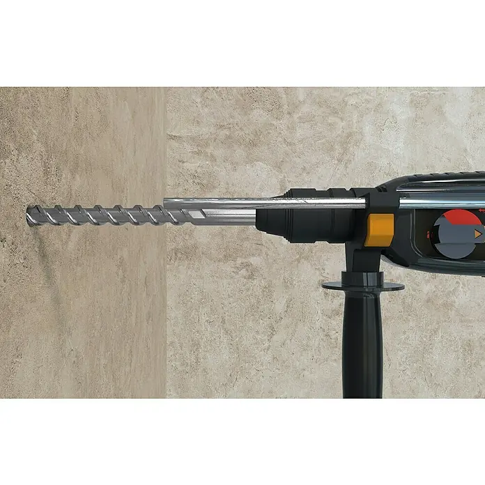 Fischer Taco de anclaje para cargas pesadas FSL 8 - Ø x L: 6 x 45 mm, 4 ud. - Primer plano de un martillo perforador taladrando una pared, destacando la herramienta y su función.