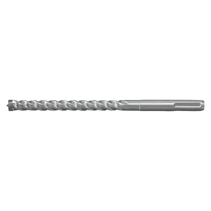 Fischer Taco de anclaje para cargas pesadas FSL 8 - Ø x L: 6 x 45 mm, 4 ud. - Primer plano de una broca SDS-Plus. La broca tiene una ranura en espiral y un vástago especial para una fijación segura en taladradoras.