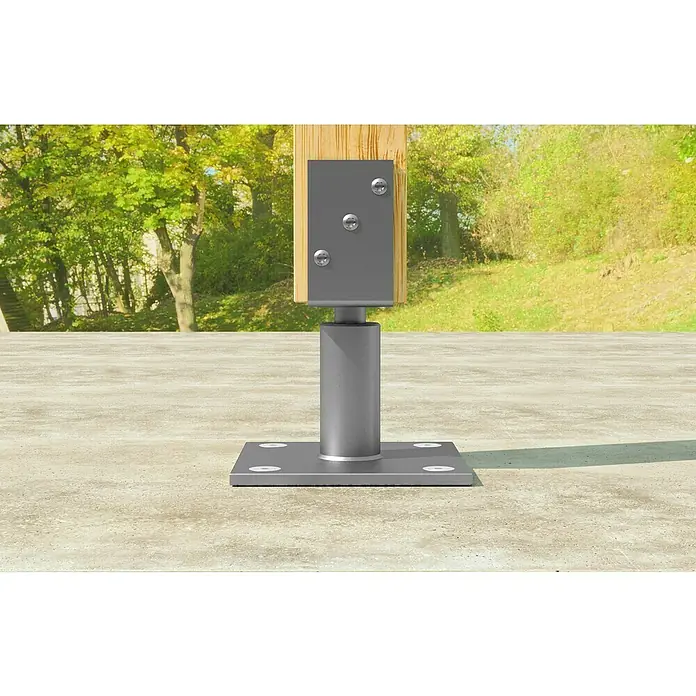 Fischer Perno de anclaje para cargas pesadas FWA - Ø x L: 8 x 80 mm, 4 ud. - Vista del producto de un soporte de poste de madera con un soporte de metal gris y base cilíndrica sobre una superficie de hormigón al aire libre.