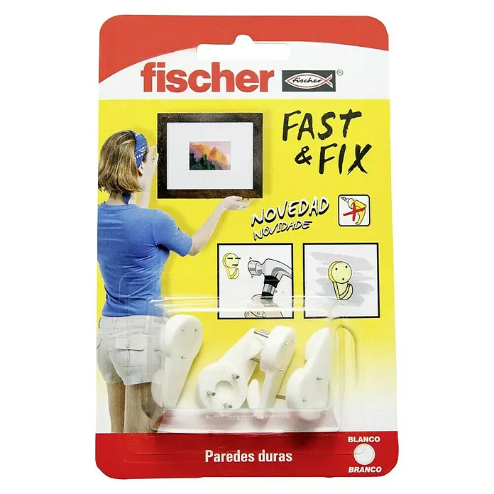 Fischer Gancho para colgar cuadros Fast & Fix con 3 puntas - Blanco - Imagen de un colgador de cuadros Fischer Fast & Fix para paredes duras, ideal para colgar cuadros sin taladrar.