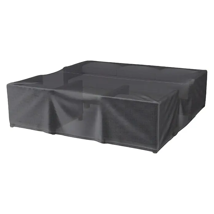 Loungemöbel-Schutzhülle Aerocover - L x B x H: 235 x 235 x 70 cm, Polyester - Eine graue Schutzhülle bedeckt ein Gartenmöbelset und schützt es vor Witterungseinflüssen. Ideal für den Außenbereich.