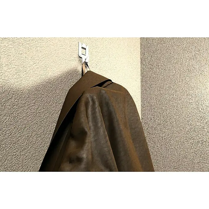 Fischer Gancho para colgar cuadros Fast & Fix - Blanco - Chaqueta marrón colgada de un gancho blanco en una pared beige. Un complemento elegante y práctico para cualquier entrada.