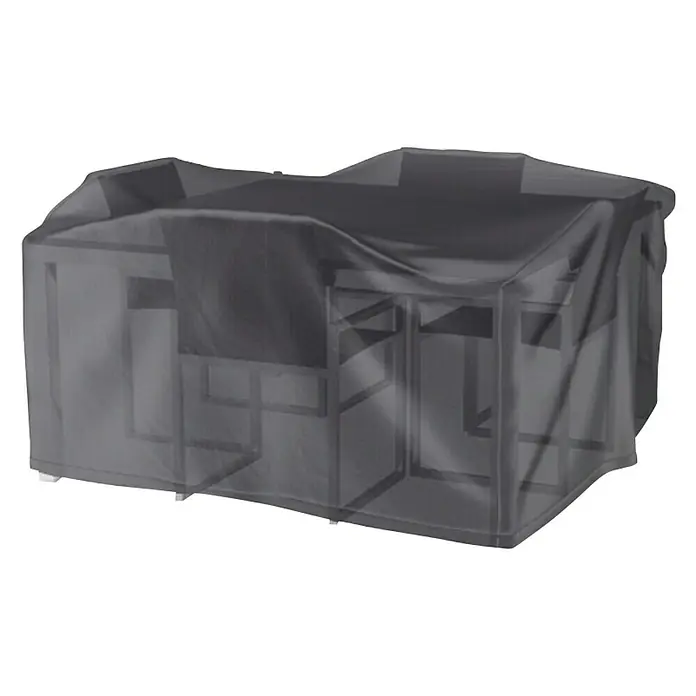 Sitzgruppen-Schutzhülle Aerocover - L x B x H: 160 x 150 x 85 cm, Kunststoff - Eine graue Schutzhülle bedeckt ein Möbelstück und schützt es vor Witterungseinflüssen und Staub. Ideal für Gartenmöbel.