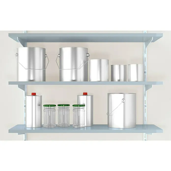 Fischer Duotec Taco basculante 10 - Diámetro taco: 10 mm, Longitud taco: 50 mm, 25 ud., Apto para: Placas de yeso laminado - Estante con varios recipientes de pintura, desde cubos hasta frascos, en plata y transparentes, que ofrecen una amplia gama de soluciones de almacenamiento.