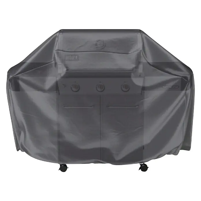 Grill-Schutzhülle Aerocover - L x B x H: 148 x 61 x 110 cm, Kunststoff - Das Bild zeigt eine Weber Grillabdeckung in Grau, die einen Grill schützt. Ideal für den Schutz vor Witterungseinflüssen.