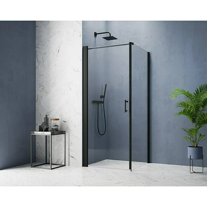 GEO Hit Pro Eckdusche B-PF100 - L x B x H: 100 x 80 x 202,2 cm, Beschichtet, Schwarz, Glasstärke: 6 mm, DIN Anschlag: Links - Elegante Duschkabine mit schwarzem Rahmen und klarem Glas. Die moderne Duschlösung fügt sich nahtlos in jedes Badezimmerdesign ein und bietet Komfort.