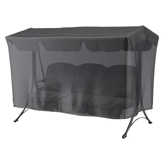 Hollywoodschaukel-Schutzhülle Aerocover - L x B x H: 240 x 150 x 135 cm, Kunststoff - Eine graue Schutzhülle bedeckt eine Hollywoodschaukel und schützt sie vor Witterungseinflüssen. Ideal für den Garten.