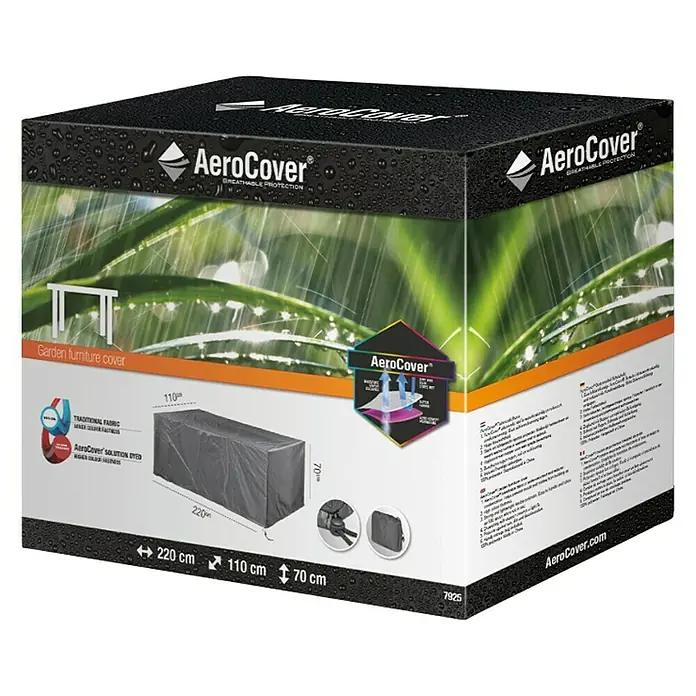 Gartentisch-Schutzhülle Aerocover - L x B x H: 220 x 110 x 70 cm, Kunststoff - Verpackung der AeroCover Gartenmöbel-Abdeckung, atmungsaktiver Schutz für Gartenmöbel. Abmessungen: 220 cm x 110 cm x 70 cm.
