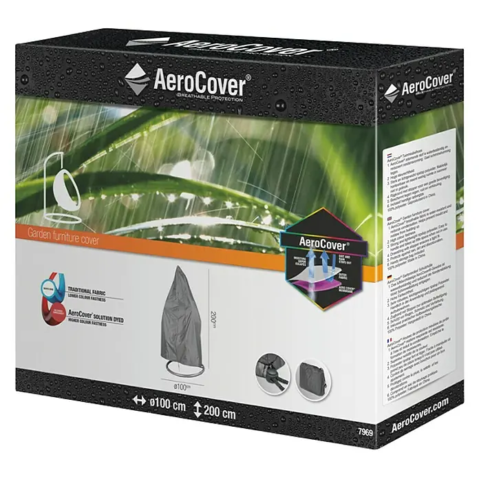 Funda protectora Aerocover - Específico para: Hamacas colgantes - Embalaje para una funda de muebles de jardín AeroCover, mostrando dimensiones, características del material y logotipo de la marca.