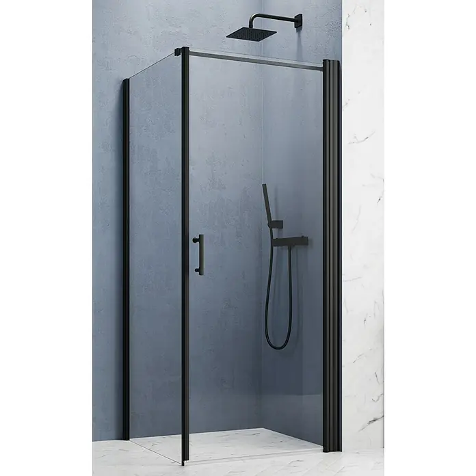 GEO Hit Pro Eckdusche B-PF100L x B x H: 80 x 100 x 202,2 cm, Beschichtet, DIN Anschlag: Rechts, Stärke: 6 mm, Schwarz - Ein modernes Badezimmer mit einer eleganten Duschkabine mit schwarzen Rahmen und Armaturen, die das minimalistische Design hervorheben.