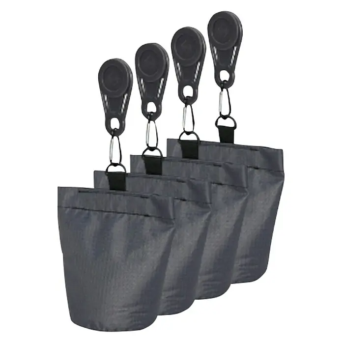 Sandsack Aerocover - 4 -tlg., Kunststoff - Vier graue Stoffbeutel mit schwarzen Clip-Verschlüssen, die aneinandergereiht sind. Ideal zum Aufbewahren kleiner Gegenstände.