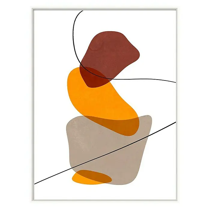 Bild - Abstrakt, B x H: 30 x 40 cm, 3 -tlg. - Abstrakte Kunst mit braunen, gelben und grauen Formen, ergänzt durch feine schwarze Linien, präsentiert in einem eleganten weißen Rahmen.