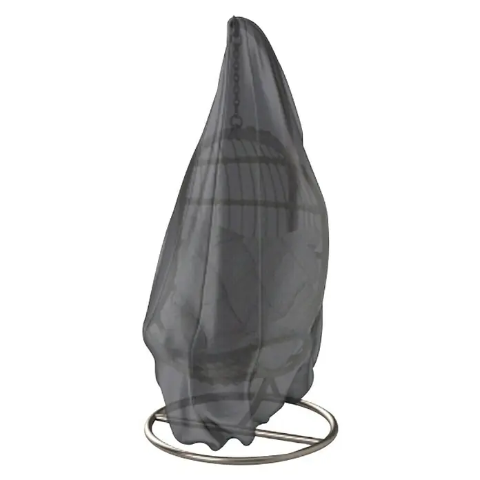Schutzhülle Aerocover - Passend für: Hängekörbe - Ein schwebender Ei-Stuhl mit grauem Schutzbezug und silberfarbenem Metallfuß für den Außenbereich, der Schutz vor Witterung bietet.