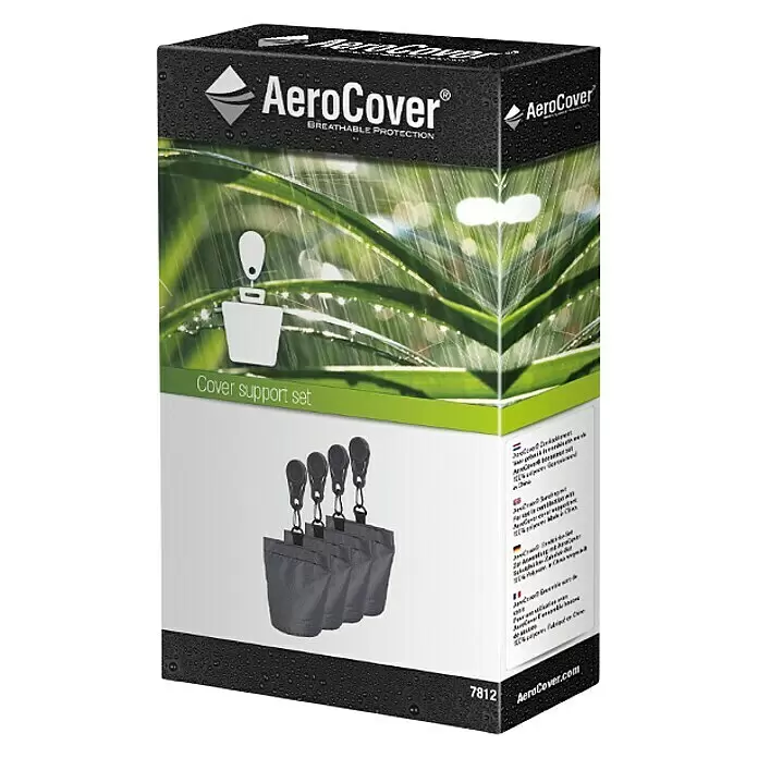 Sandsack Aerocover - 4 -tlg., Kunststoff - AeroCover 'Abdeckungs-Stützset' Produktbox, schwarz mit grünen Akzenten. Zeigt Stützgewichte/Clips und Entwässerungsgrafik. Artikelnummer 7812.