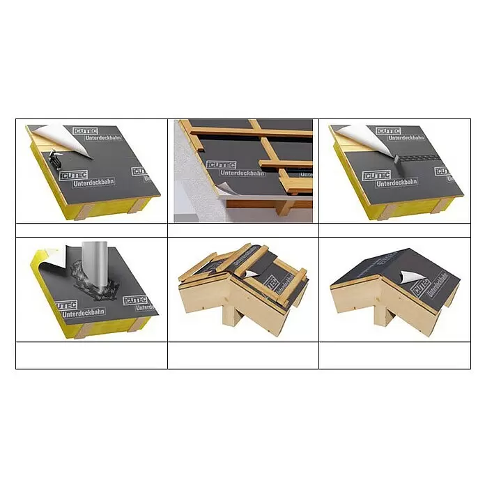 Icutec Dachunterdeckbahn - 25 m², 25 x 1 m, Polyolefin - Schwarze ICUTEC Unterdeckbahn in verschiedenen Dachinstallationsszenarien, inkl. Überlappungen, Dichtung und strukturellen Elementen.