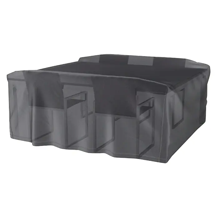 Sitzgruppen-Schutzhülle Aerocover - L x B x H: 200 x 190 x 85 cm, Kunststoff - Eine graue Schutzhülle bedeckt eine Tischgarnitur im Freien und schützt sie vor Witterungseinflüssen. Ideal für Gartenmöbel.
