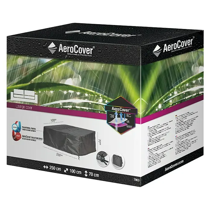 Funda protectora Aerocover - L x An x Al: 250 x 100 x 70 cm - Imagen del producto de la funda para salón AeroCover con detalles de dimensiones en el embalaje, ideal para proteger muebles de exterior.